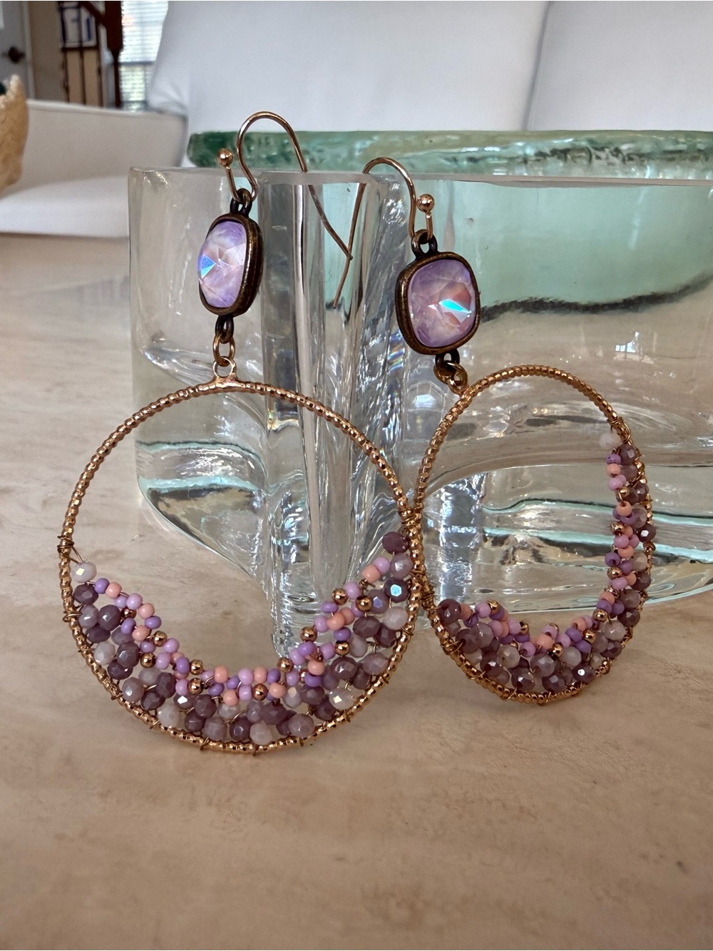 Gold Hoop Earrings with Lavender and Pink Beads